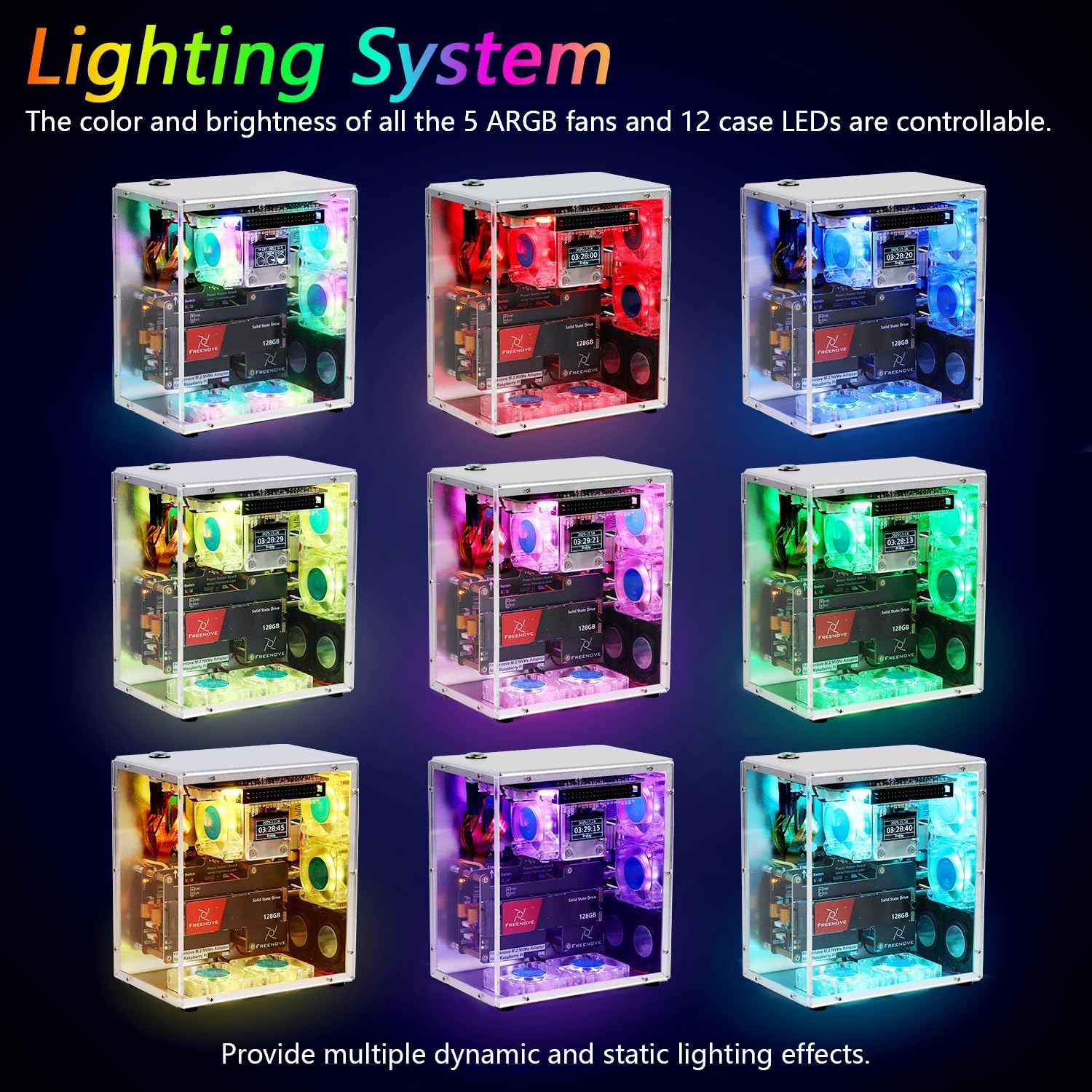 Freenove Raspberry Pi 5 PC Case Kit, M.2 NVMe SSD Slot, 5 PWM ARGB Fans Light Sync, CPU Tower Cooler, 0.96" OLED Screen, Stereo Speakers, 3.5 mm Audio (SSD NOT Included)