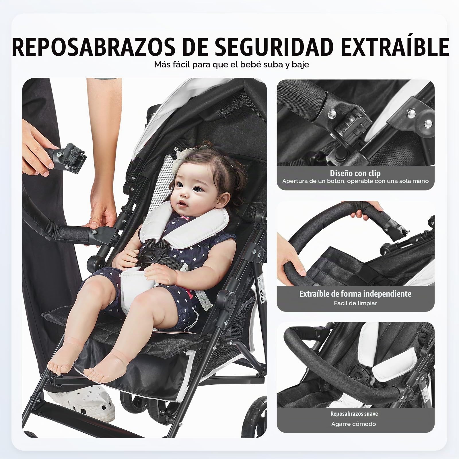 VEVOR Cochecito Ligero Plegable y Compacto, Respaldo Reclinable Multiposición, de Acero al Carbono, Cesta de Almacenamiento Grande, con Sombrilla para Viajes y Más, Negro/Blanco, 780 x 500 x 1040 mm