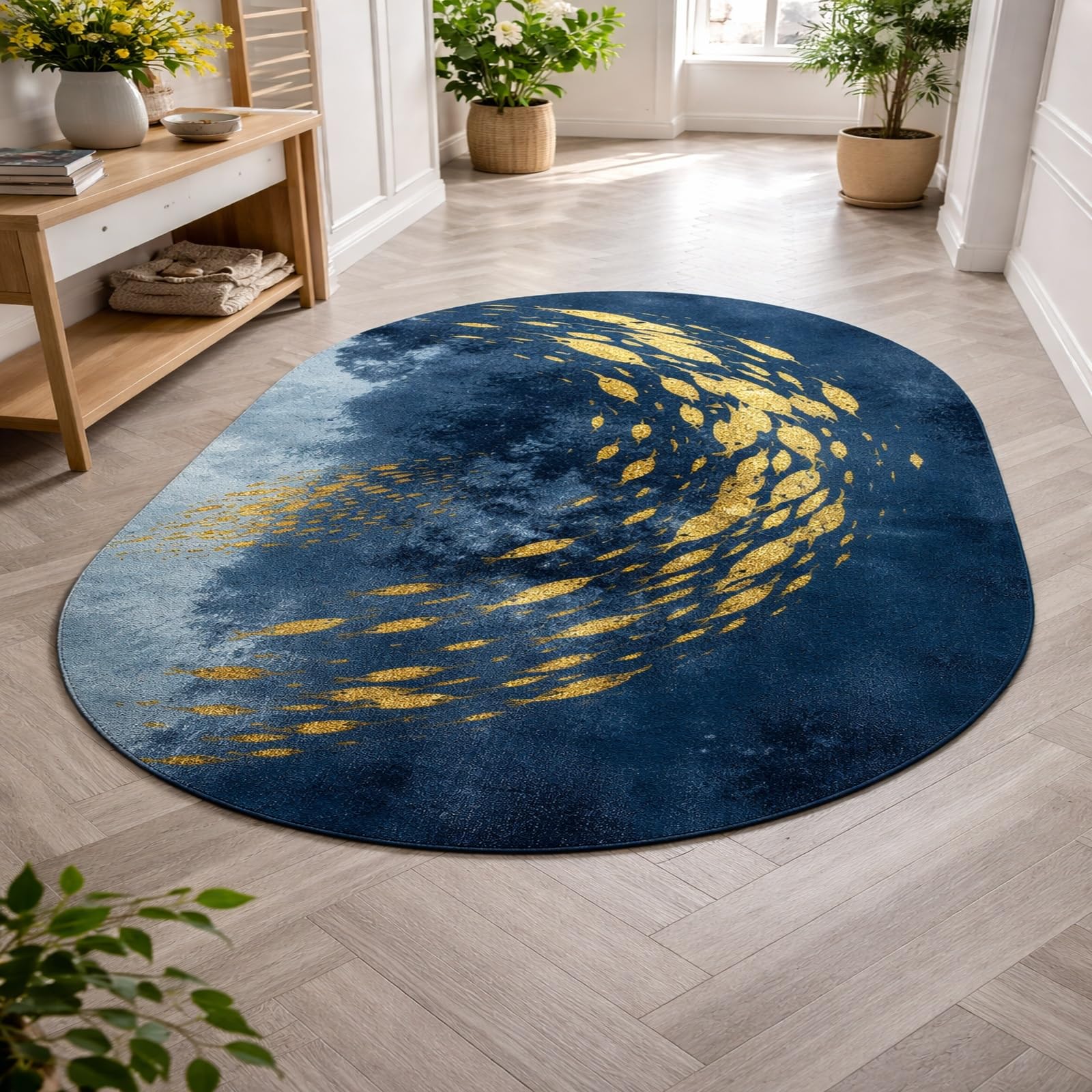 Tapis Ovale Salon Décoration,Abstrait Moderne Bleu, Jaune, Moutarde, 140 x 200 cm,Grand Rugs Chambre Moderne à Poils Ras Moquette,