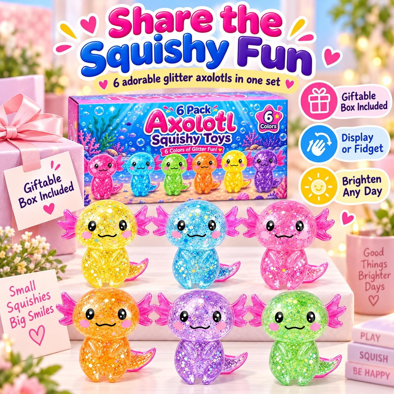 6 Pack Axolotl Cute Stretchy Fidget Axolotl Toys for Adults, Stress Relief Axolotl Slow Rising Stress Balls, Birthday Party Favors Gifts, Goodie Bag Gifts image 3