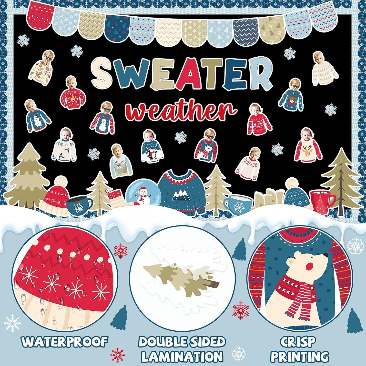Winter Bulletin Board Decorations Ugly Sweater Xmas Tree Snowmen Snowflake Cutouts Winter Bulletin Board Set Christmas Classroom Decor for Holiday School Office Wall Decor Party Supplies image 3