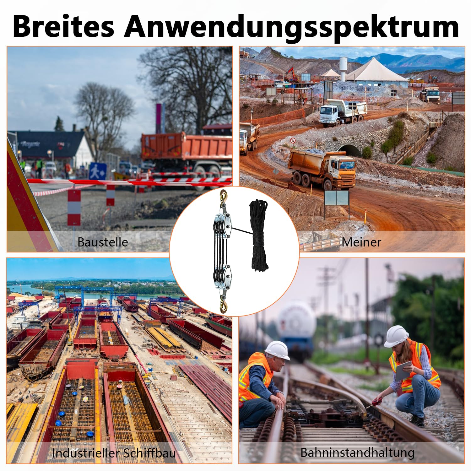 Hochleistungs-Flaschenzug mit einer maximalen Tragkraft von 2000 kg. Manueller Flaschenzug mit einem Übersetzungsverhältnis von 8:1, ausgestattet mit einem 20 Meter langen Nylonseil