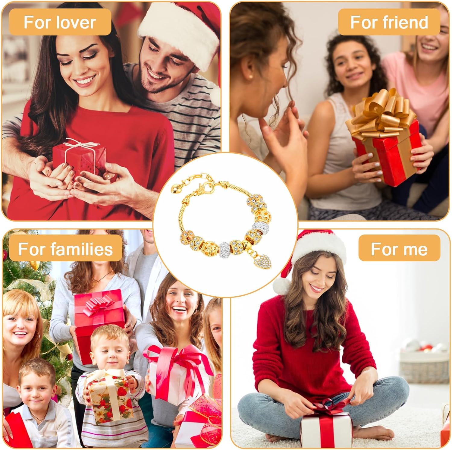 Gold Beads Bracelets Rhinestone Heart Charm Bracelet Luxury Adjustable Bangle for Women Christmas Gifts - Image 6