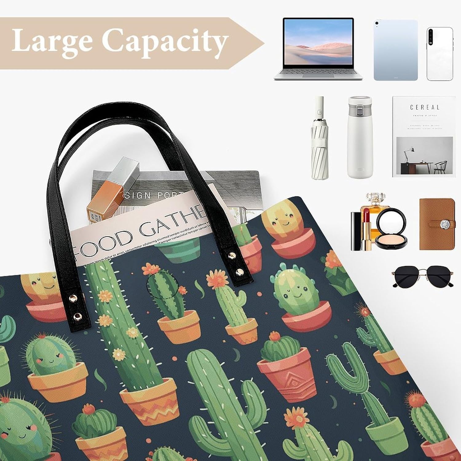 Cute Cactus Seamless Illustration Handbags Large Capacity, Tote Bag Stylish Slouchy, Shoulder Bags for Work Beach Travel And Shopping Grocery.