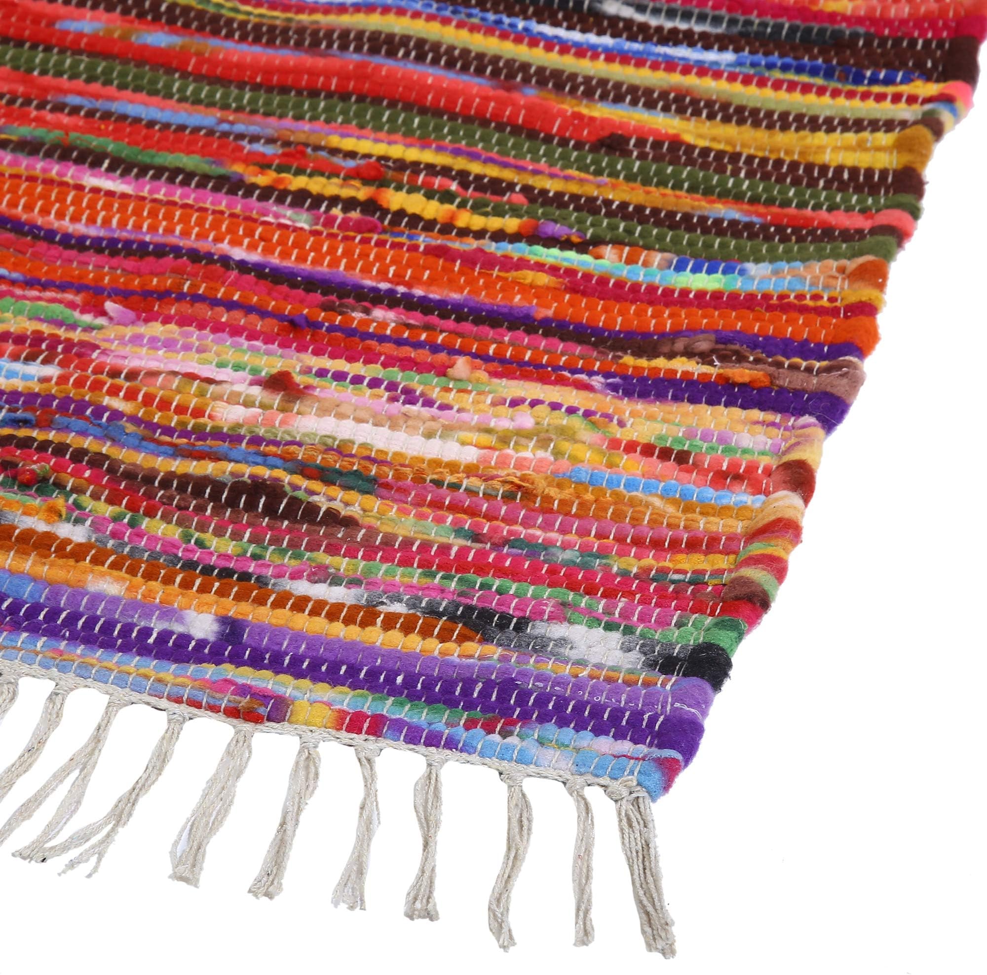 RAJRANG BRINGING RAJASTHAN TO YOU Boho Chindi Rag Rug 20x32 Inches - Handwoven Recycled Braided Rug Multicolor with Tassel for Doormat Bedroom Entryway Living Room