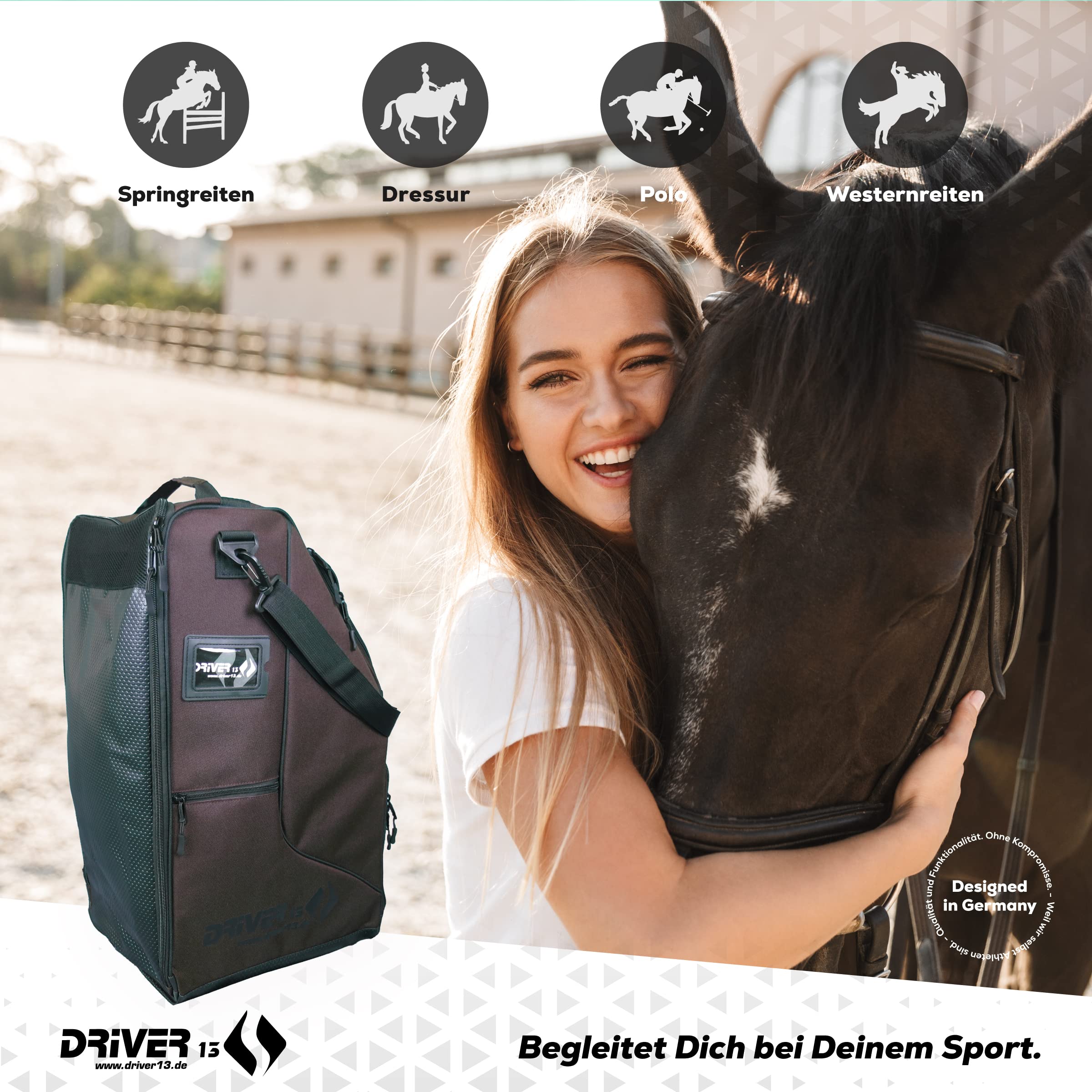 Driver13 borsa stivali equitazione Deluxe con scomparto casco, borsa per stivali fino a 60 cm, tracolla, marrone, 35 x 30 x 60 cm