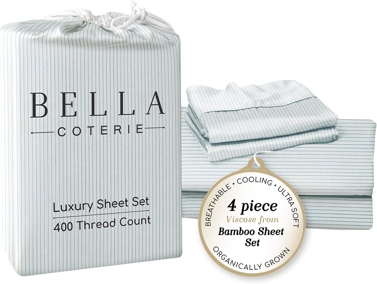 Bella Coterie Luxury Bamboo Viscose King Size Sheet Set | 100% Organically Grown | Ultra Soft | Cooling for Hot Sleepers | 18" Deep Pocket [Striped Coastal Blue]