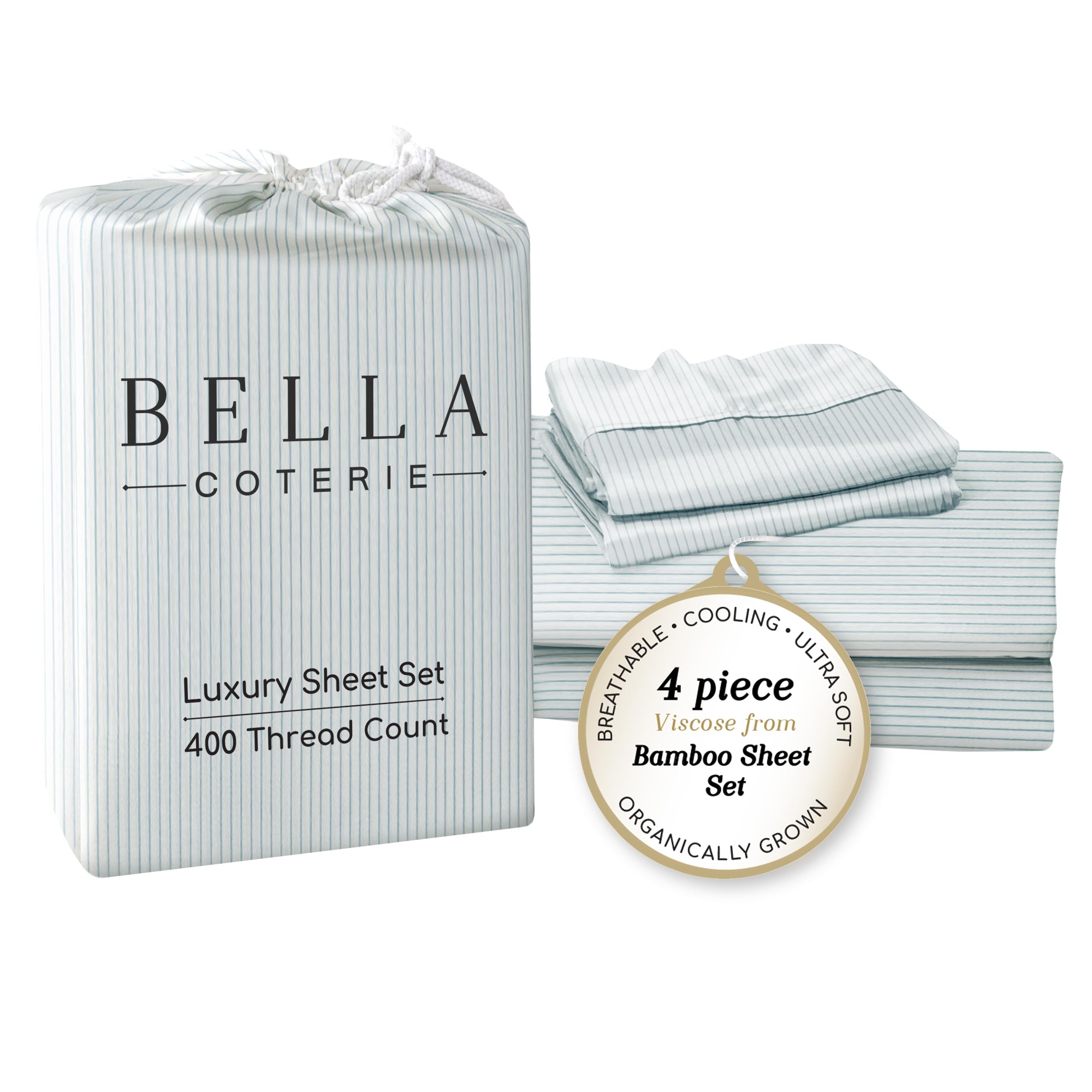 Bella Coterie Luxury Bamboo Viscose King Size Sheet Set | 100% Organically Grown | Ultra Soft | Cooling for Hot Sleepers | 18" Deep Pocket [Striped Coastal Blue]