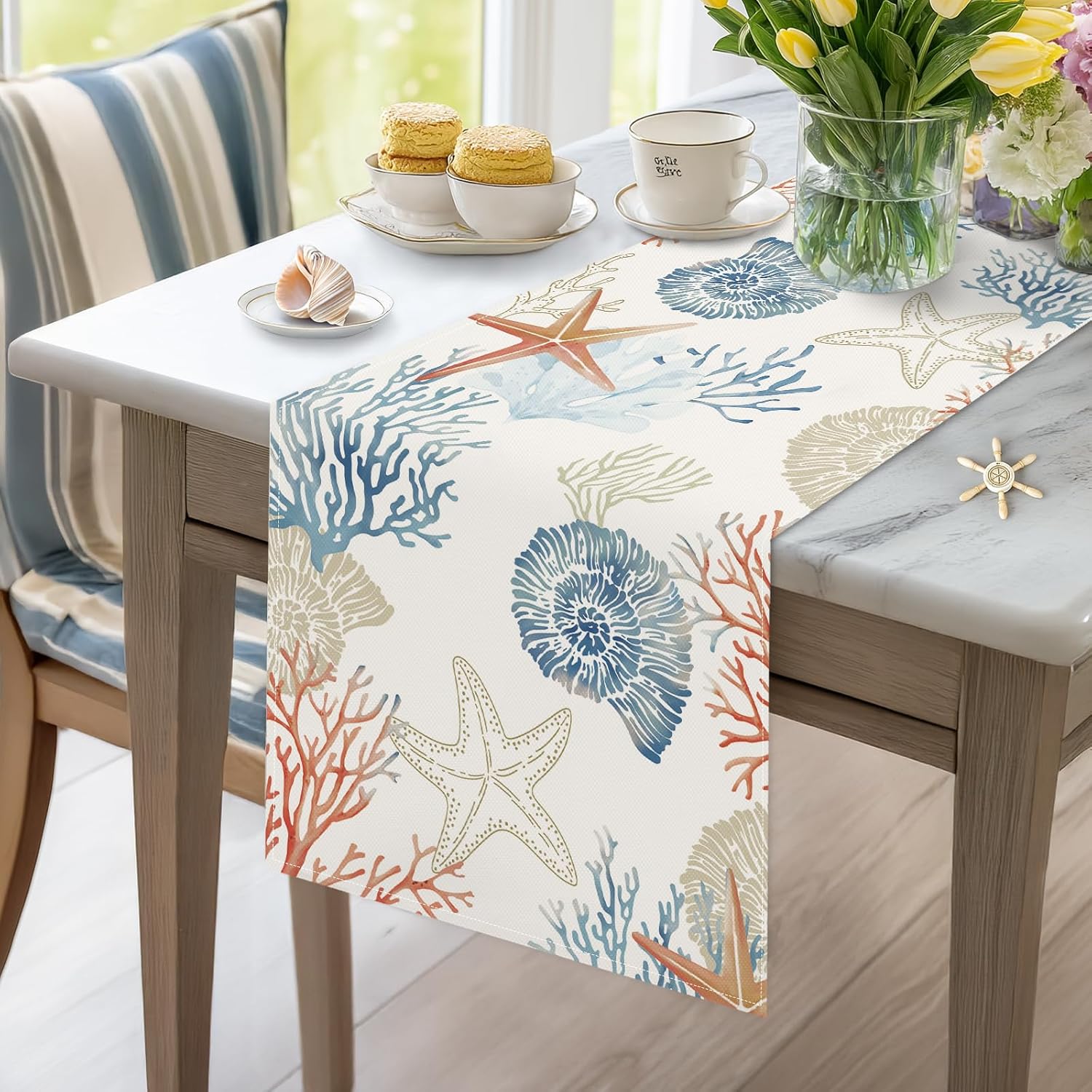 Bonhause Nautical Coastal Table Runner 13x72 Inch Ocean Themed Starfish Coral Conch Beach Kitchen Dinning Table Decoration for Indoor Outdoor Home Party Decor