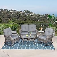 Vista 46 de VIVIJASON Silla mecedora de mimbre para exteriores, 2 piezas, sillas mecedoras de ratán para patio con cojines y marco de acero, muebles de mimbre