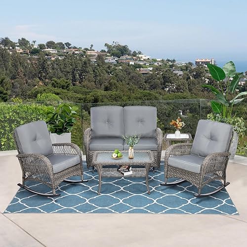 Miniatura 46 de VIVIJASON Silla mecedora de mimbre para exteriores, 2 piezas, sillas mecedoras de ratán para patio con cojines y marco de acero, muebles de mimbre