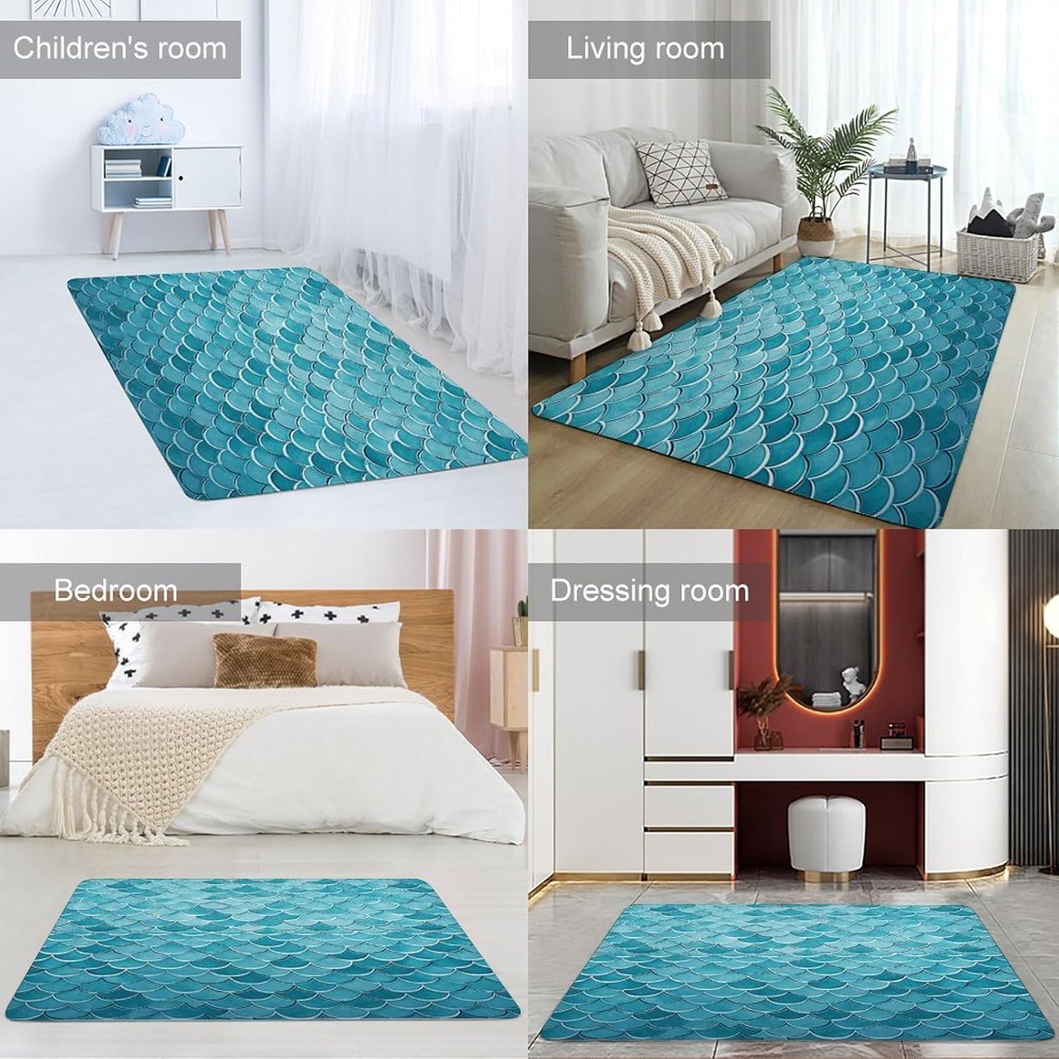 Blue Waves Squama Mermaid Scale Carpet for Living Room,Washable Dining Room Non-Slip Under Table Rug 40“x60”Large Rugs Lndoor Home Decoration Stain Resistant Carpet for Bedroom