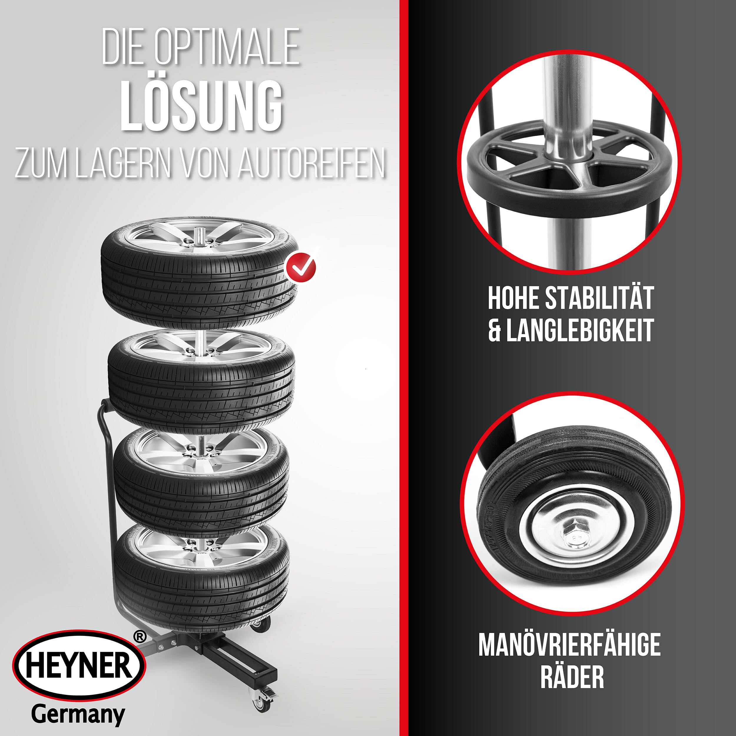 HEYNER® Felgenbaum fahrbar bis 100 kg und 285 mm Reifenbreite mit Griff | ergonomische Softgriffe, inklusive Staubschutzcover 90 x 150cm, Lenkrolle mit Feststellbremse für einfache Manövrierbarkeit