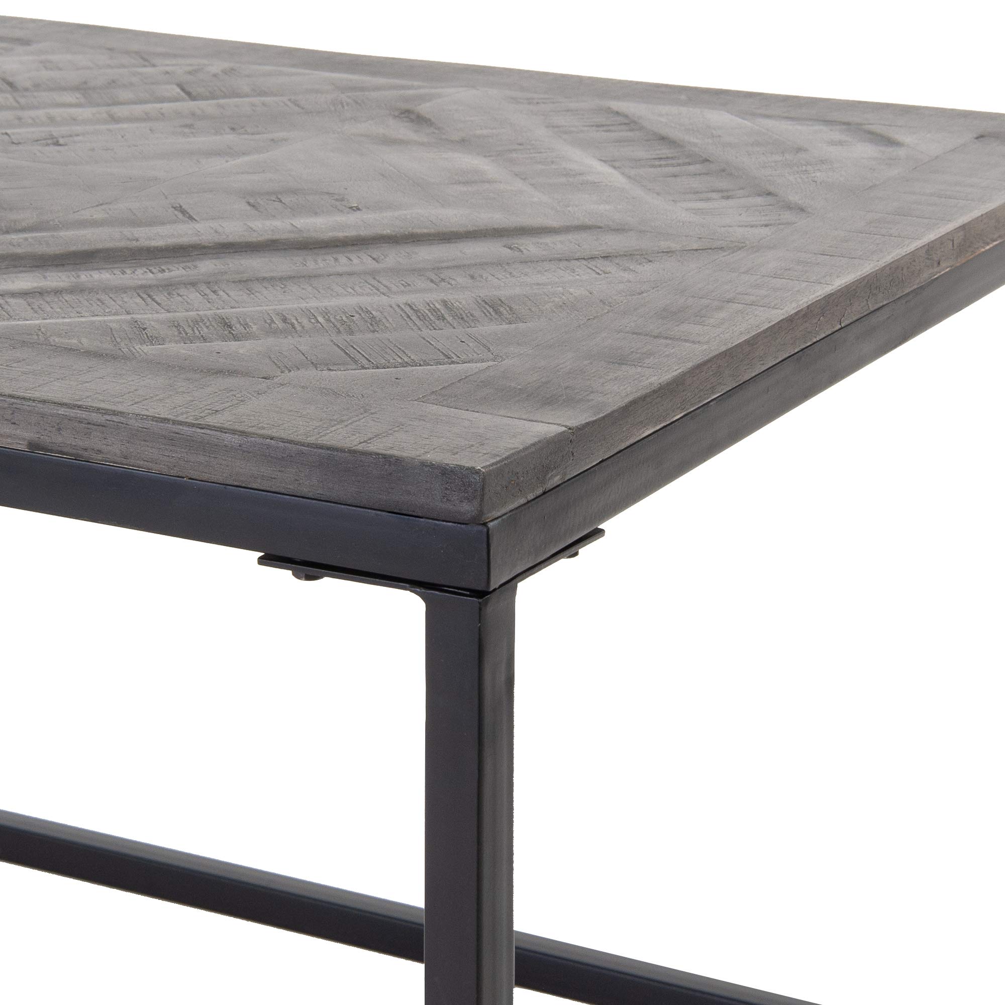Tavolino Basso da Caffè 60 x 60 cm Quadrato Grigio Legno Massello di Mango Naturale Tavolo da Divano per Soggiorno Struttura in Metallo Nero da Salotto Fatto a Mano