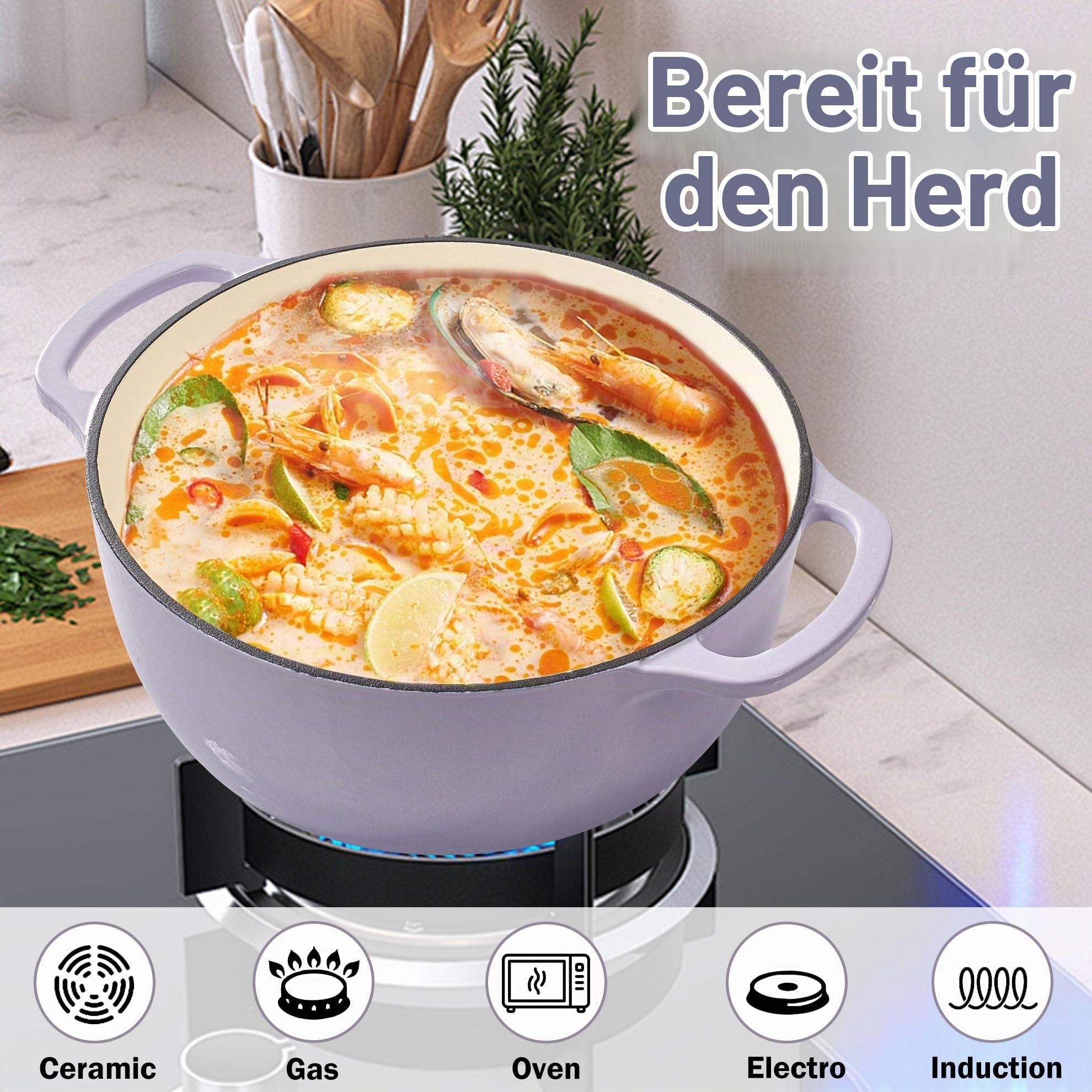Vivicreate Schmortopf aus emailliertem Gusseisen, 6 Quart Dutch Oven Topf mit Deckel, robuster Dutch Oven zum Brotbacken, Schmoren, Eintöpfe, Braten, ofenfest bis 260 °C, Doppelgriffe, Violett