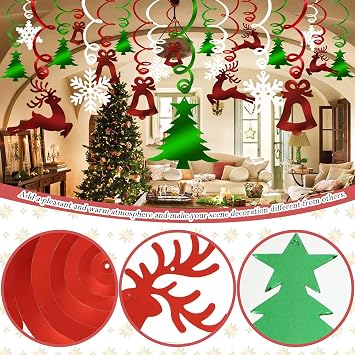 30PCS Christmas Ceiling Decorations - Hanging Swirls with Xmas Tree, Snowflake, Reindeer, Bell for Indoor/Outdoor Party Decorations