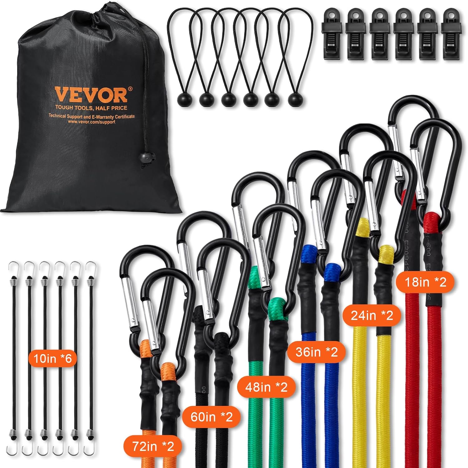 VEVOR 30Pcs Carabiner Bungee Cords with Hooks, 8 mm Heavy Duty Bungie Cords with Heavy Duty Outdoor, Includes 10", 18", 24", 36", 48", 60", 72", Portable Storage Bag, 6 Tarp Clips & Ball Bungy Cords