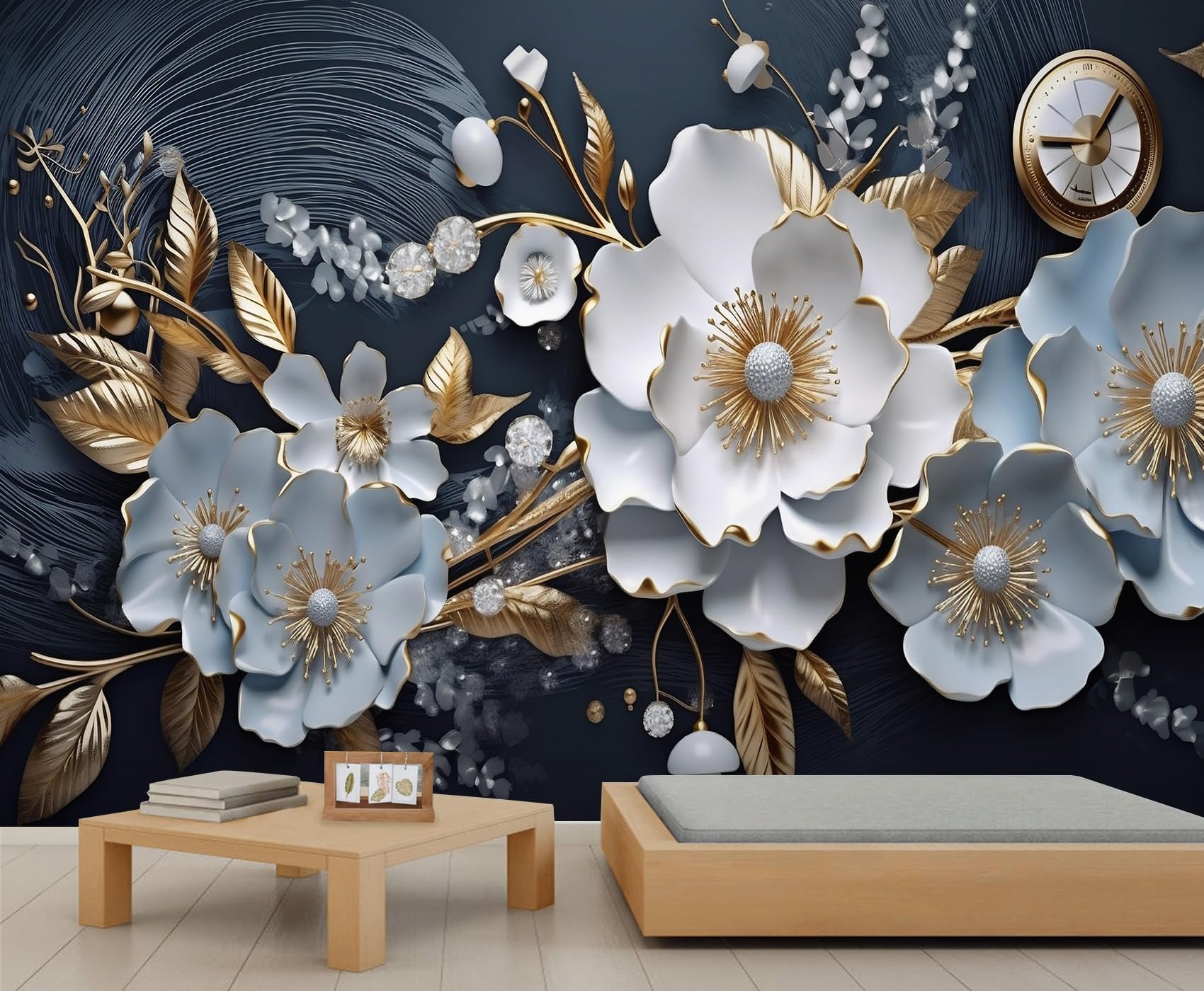 3D Floral Mural Wallpaper White and Blue Floral Murals Gold Leaf Plant European Relief Flower Wallpaper for Bedroom Living Room Modern Luxury Decor 250 x 175 cm