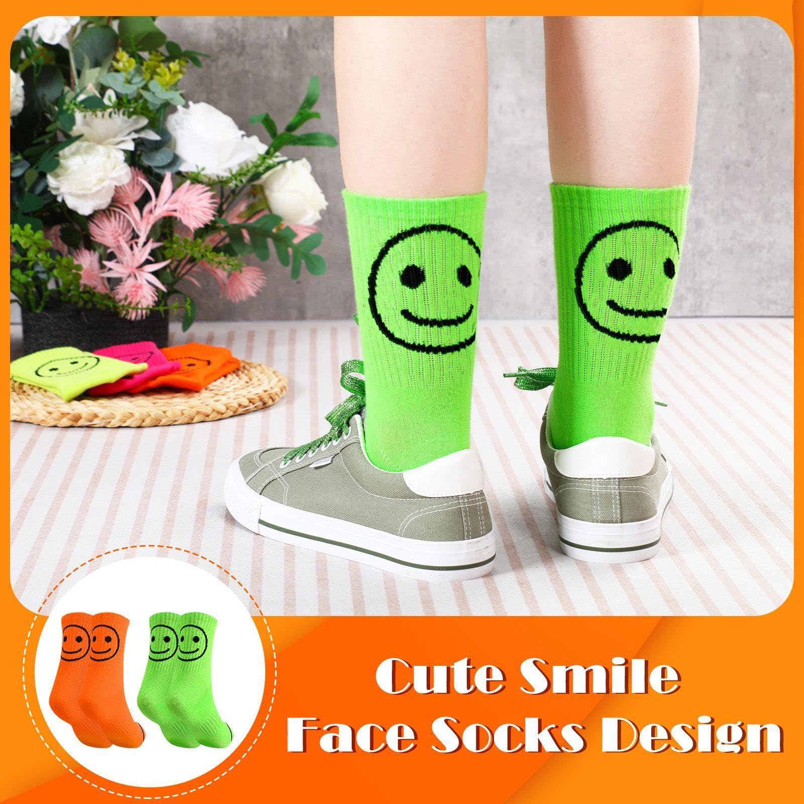 ShinyMatch 12 Pairs Neon Socks Cute Smiling Face Socks Neon Smile Face Socks Novelty Neon Crew Socks for Women Teen Girl