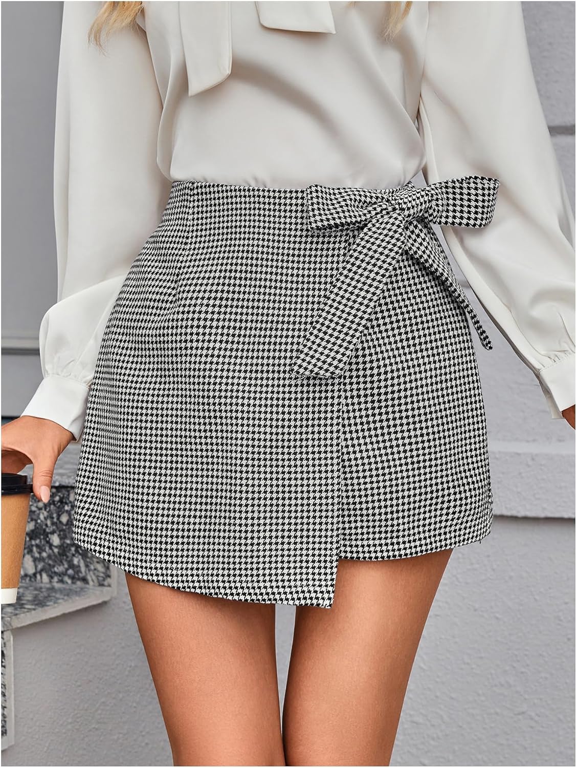 Floerns Women's Houndstooth Print Tie Front Skorts Asymmetrical Hem High Waist Skirt Shorts - Image 3