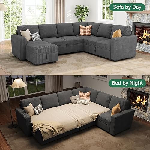 Miniatura 3 de HONBAY Sofá modular modular con cama extraíble, sofá cama de pana con otomana de almacenamiento, sofás seccionales en forma de U para sala de estar,