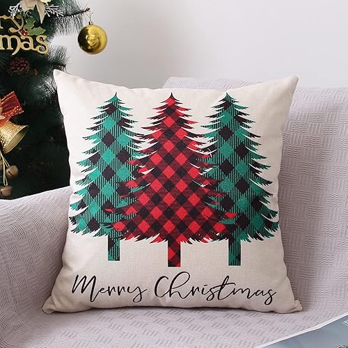 Miniatura 7 de Coeufuedy Juego de 4 fundas de almohada navideñas de 18 x 18 pulgadas, fundas de almohada de lino rústico para vacaciones, decoración navideña para