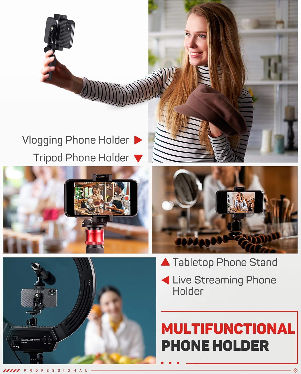 IFOOTAGE Universal Phone Tripod Mount Adapter with Cold Shoe, 360° Rotation Cell Phone Holder for Tripod Selfie Stick Monopod, Desk Phone Stand with Adjustable Clamp
