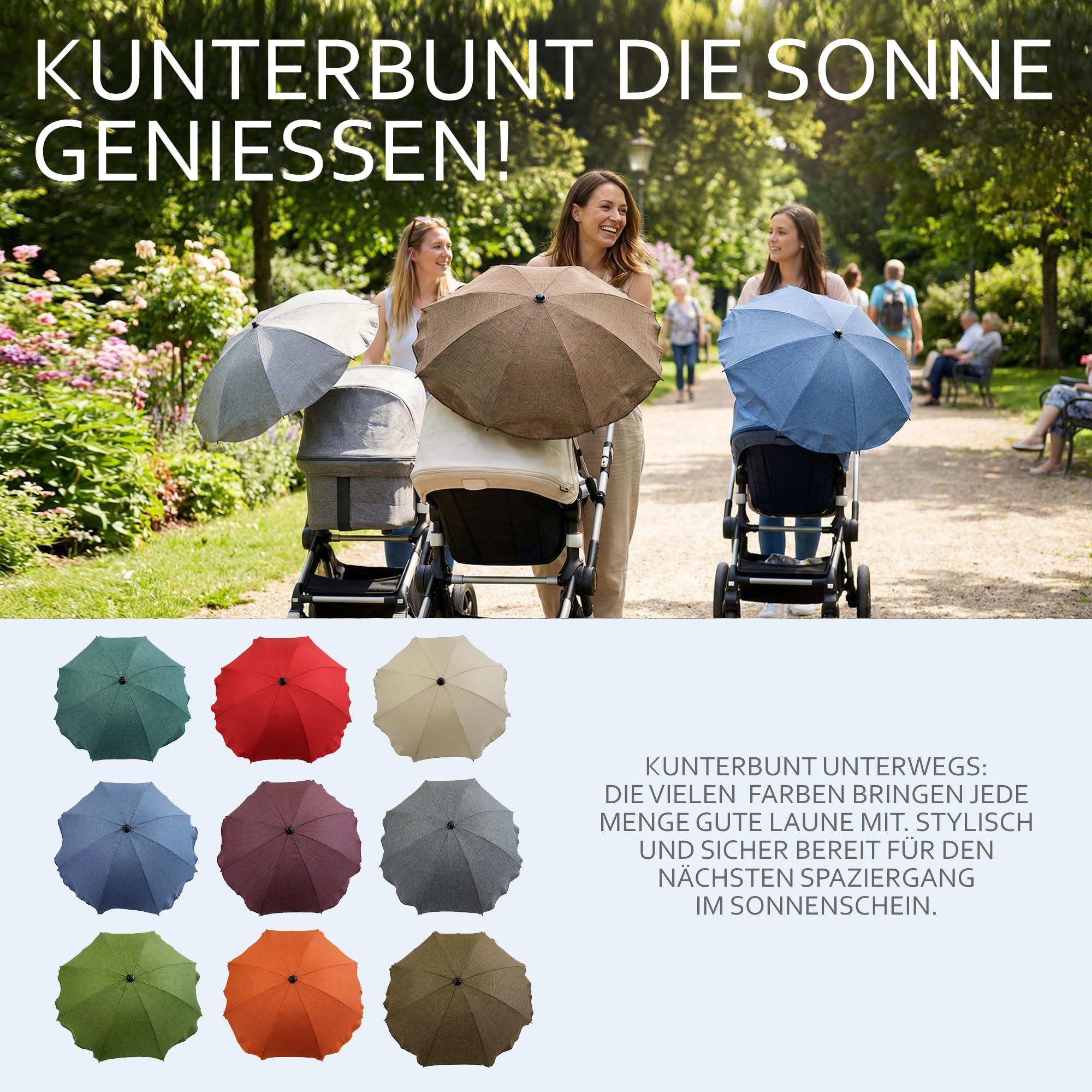 Sonnenschutz universal [Sonnenschirm für Kinderwagen] Buggy UV Schutz 50+ mit Universalhalterung biegsamer Schirm für Rund- und Ovalrohre verstellbar (meliert beige)