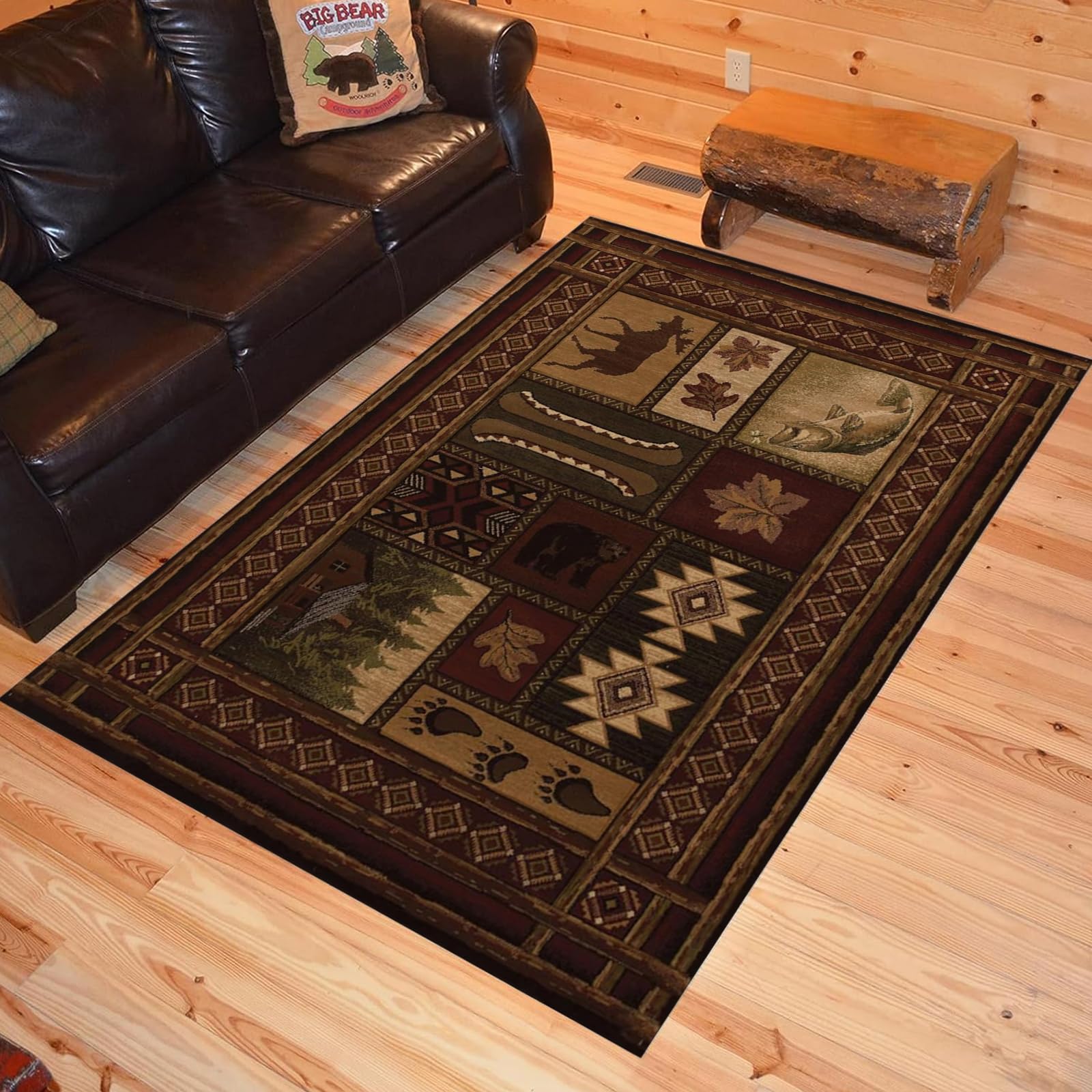 KFHWDG Country Style Rug, 2x4ft, Rustic Cabin Wildlife Washable Area Rugs, Elk Bear Lattice Modern Geometric Design Soft Floor Rug Non-Skid Carpets