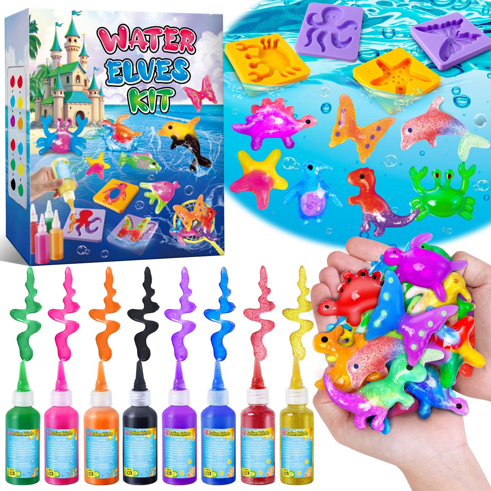 UNGLINGA Magic Water Elf Toy Kit für Kinder, 8 Flaschen Farbgel, Wasser Gel Wassertiere Selber Machen Kreatives Bastelset für Mädchen Jungen Geburtstag Geschenk
