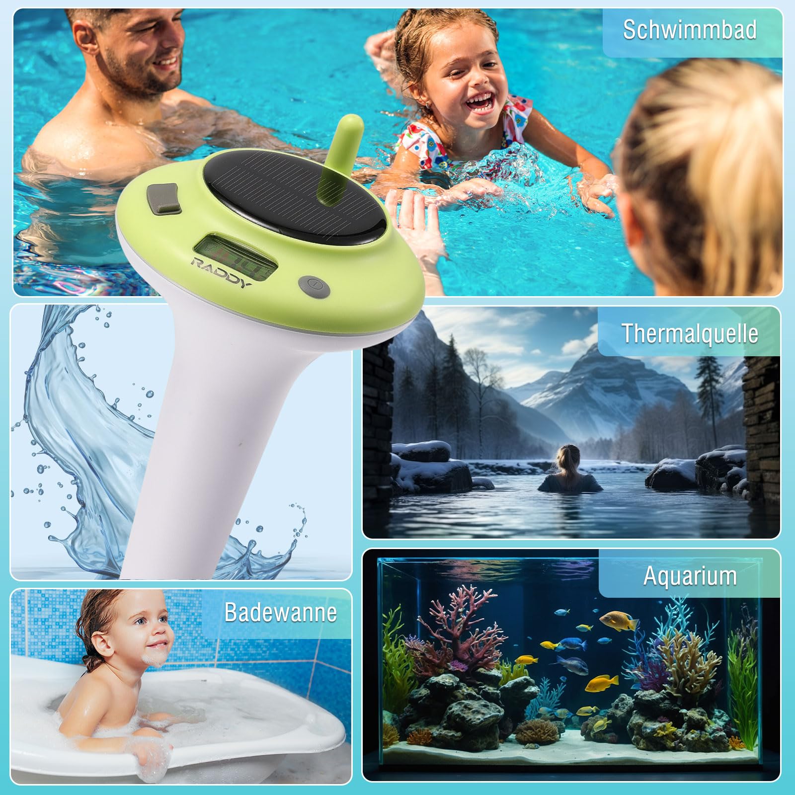 Raddy PT-5 WiFi Poolthermometer, Kabelloser Schwimmender Sensor mit Innenanzeige, App-Fernüberwachung, IPX8 Wasserdicht, Solar- und USB-C-Aufladung, für Pool, Whirlpool, Spa