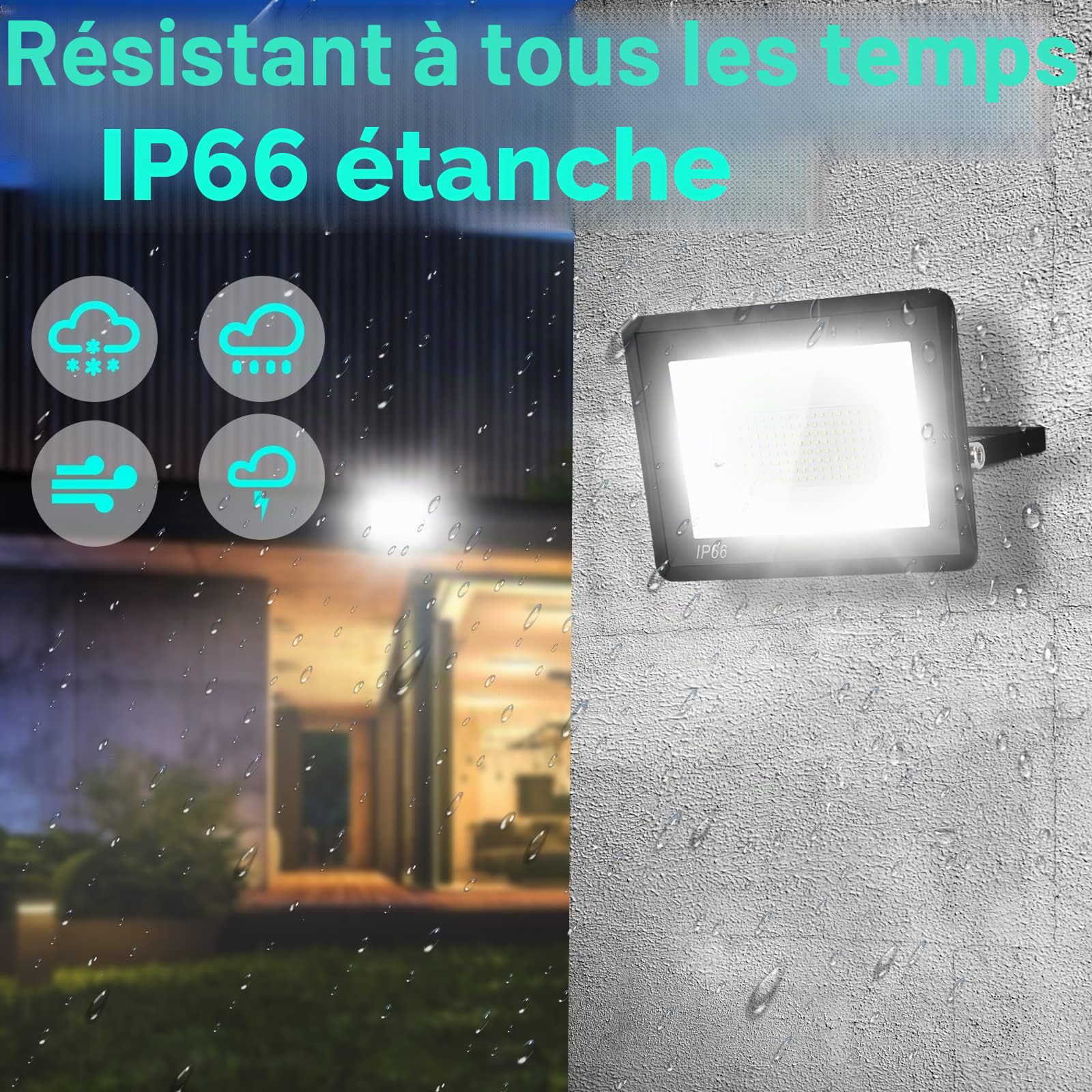 Randaco Lot de 4 spots extérieurs LED 50W Blanc Froid, Projecteur LED extérieur puissant 4250LM 6000K d'éclairage de sécurité, IP66 étanche Éclairage LED pour Cour, allées(sans prise)