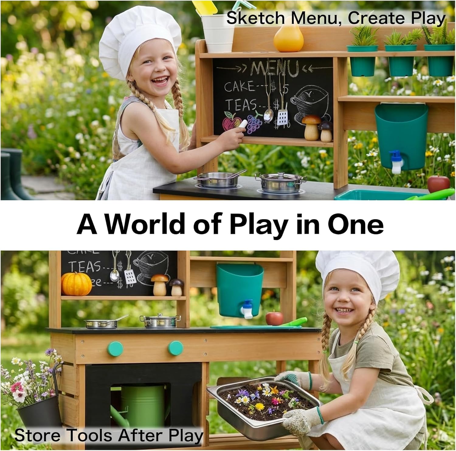 Mud Kitchen for Kids Outdoor, Wooden Play Kitchen with Real Working Faucet & Water Tank, Sensory Montessori Kitchen Playset with Sink, Chalkboard, Pots & Pans for Toddlers & Kids Ages 3+