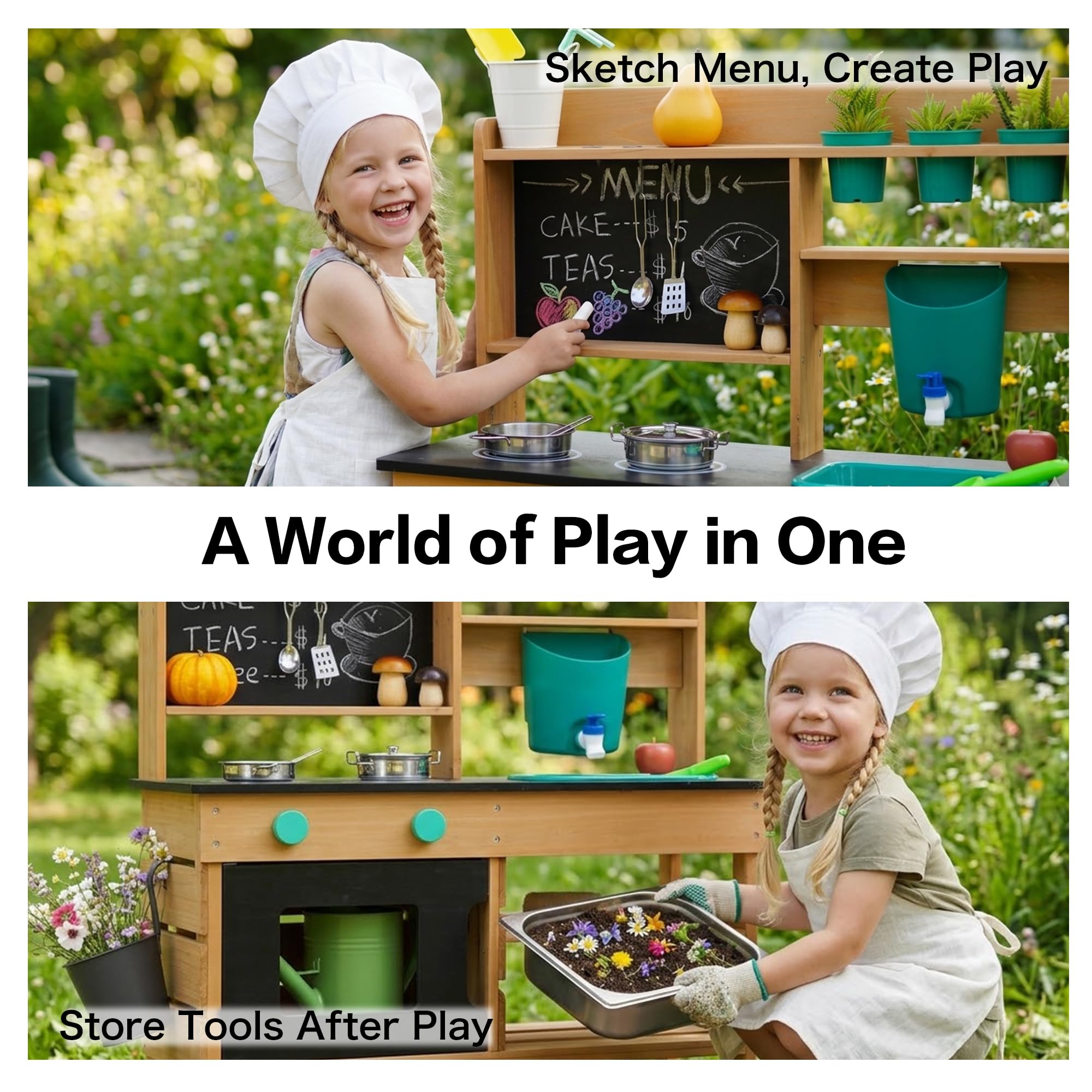 Matschküche Kinder Outdoor, Holz Spielküche mit Wasserhahn Wasserfunktion | Kinderküche für Kinder Zubehör, Spüle, Herd, Waschbecken Kinder, Mud Kitchen Gartenspielzeug für Jungen Mädchen ab 3 Jahren