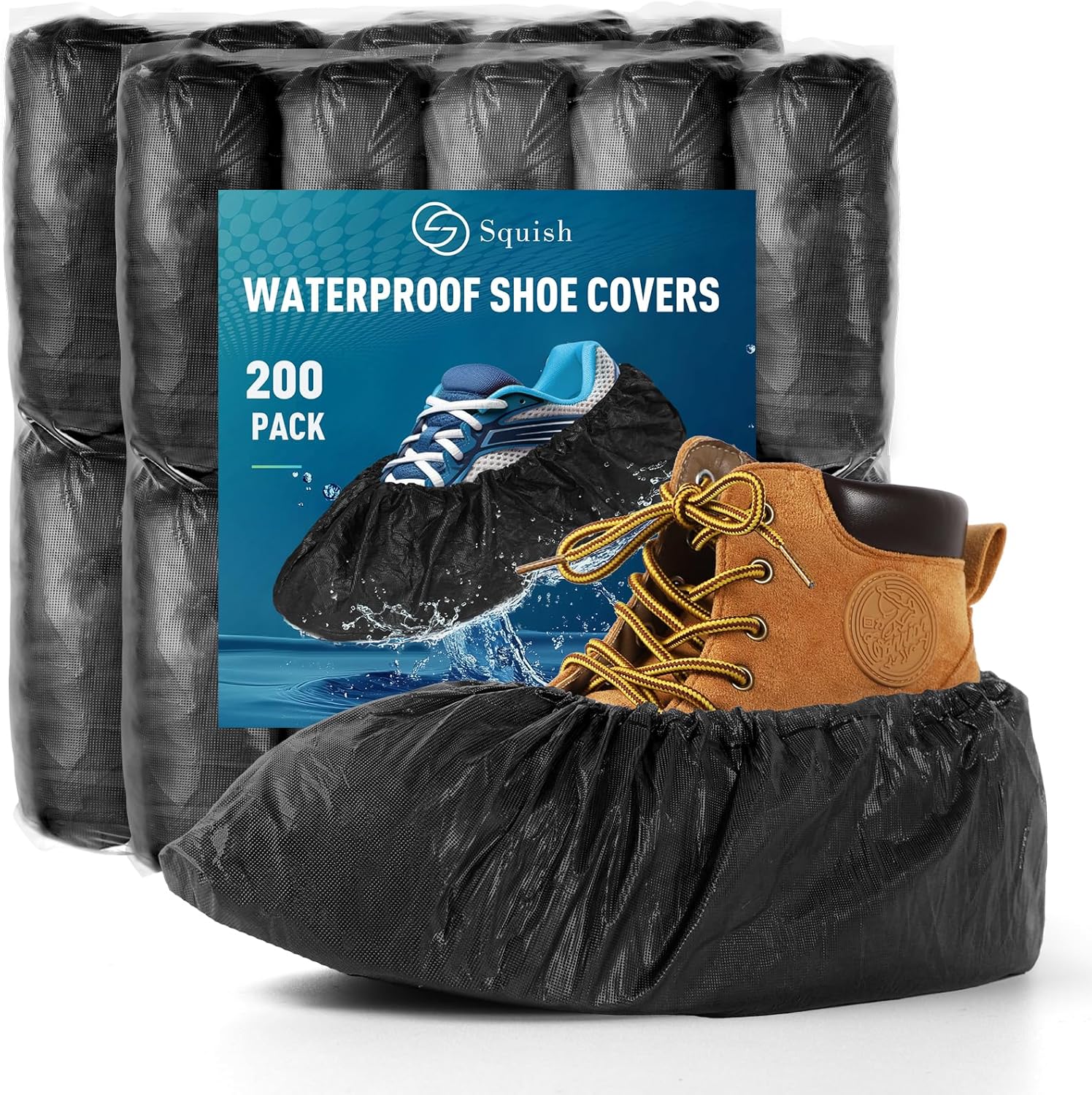 squish Shoe Covers Disposable Non-Slip, 200 Pack 6g Thick Booties Cover, Waterproof Slip Resistant Disposable Shoe Covers Durable Protector Covers for Indoors and Outdoors Fit Up to 13 Size (Black)