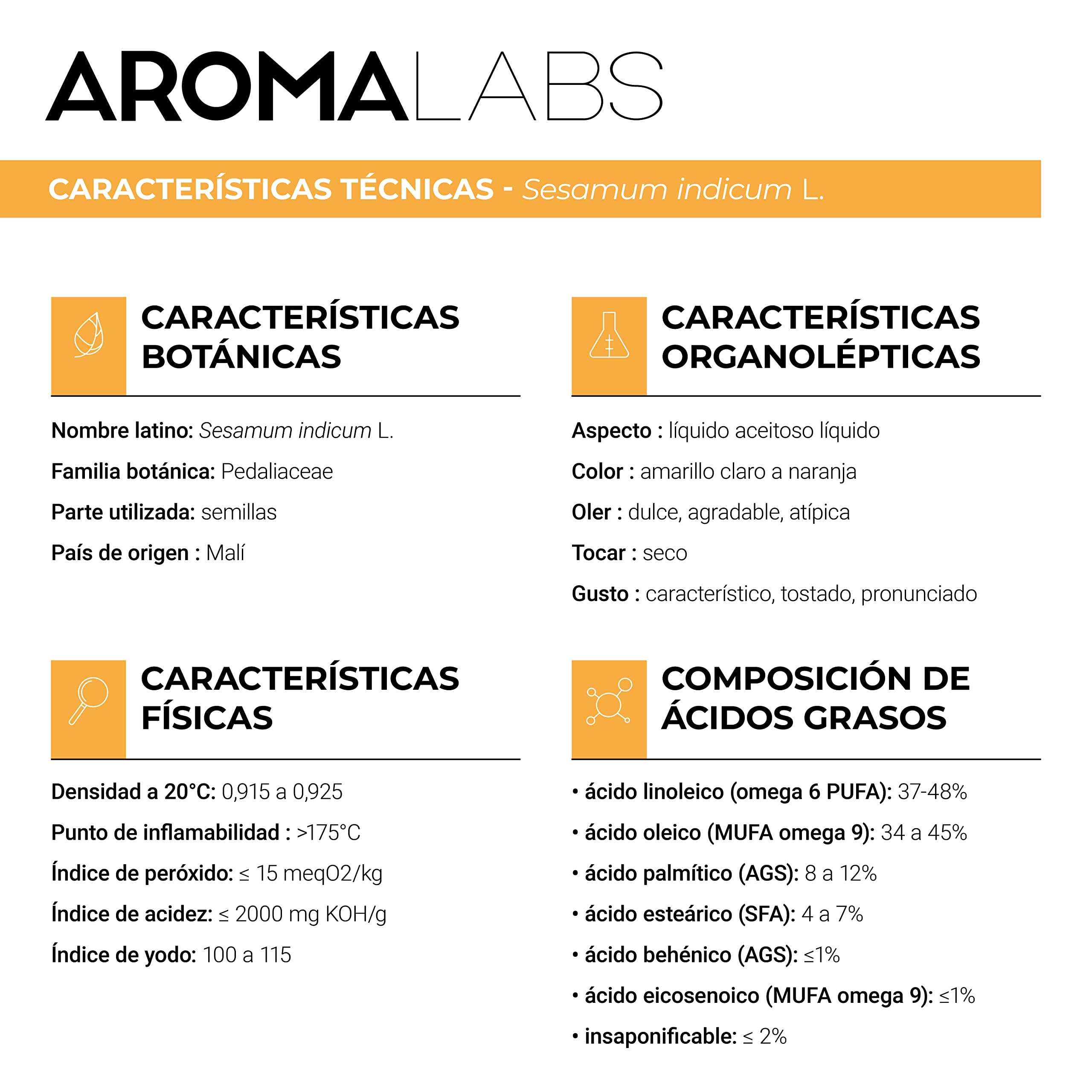Aceite de Sésamo BIO (Sesamum indicum) - 250 mL - Aceite Vegetal Virgen Certificado AB - Aroma Labs