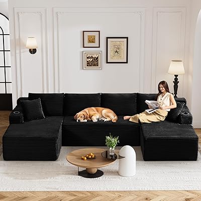 133" Oversized Cloud Boneless Sofa Couch with Chaise, Modern Corduroy U Shaped Modular Sectional Sofa with Deep Seat, Comfy Couch with Cupholders and Storage, No Assembly Required-Black