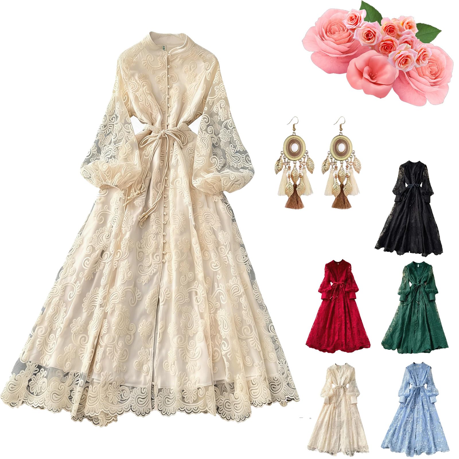 Vestido Largo Vintage de Encaje Bordado con Manga Larga de Farol – Vestido Boho Romántico Corte A Fluido para Invitada de Boda, Fiesta y Eventos