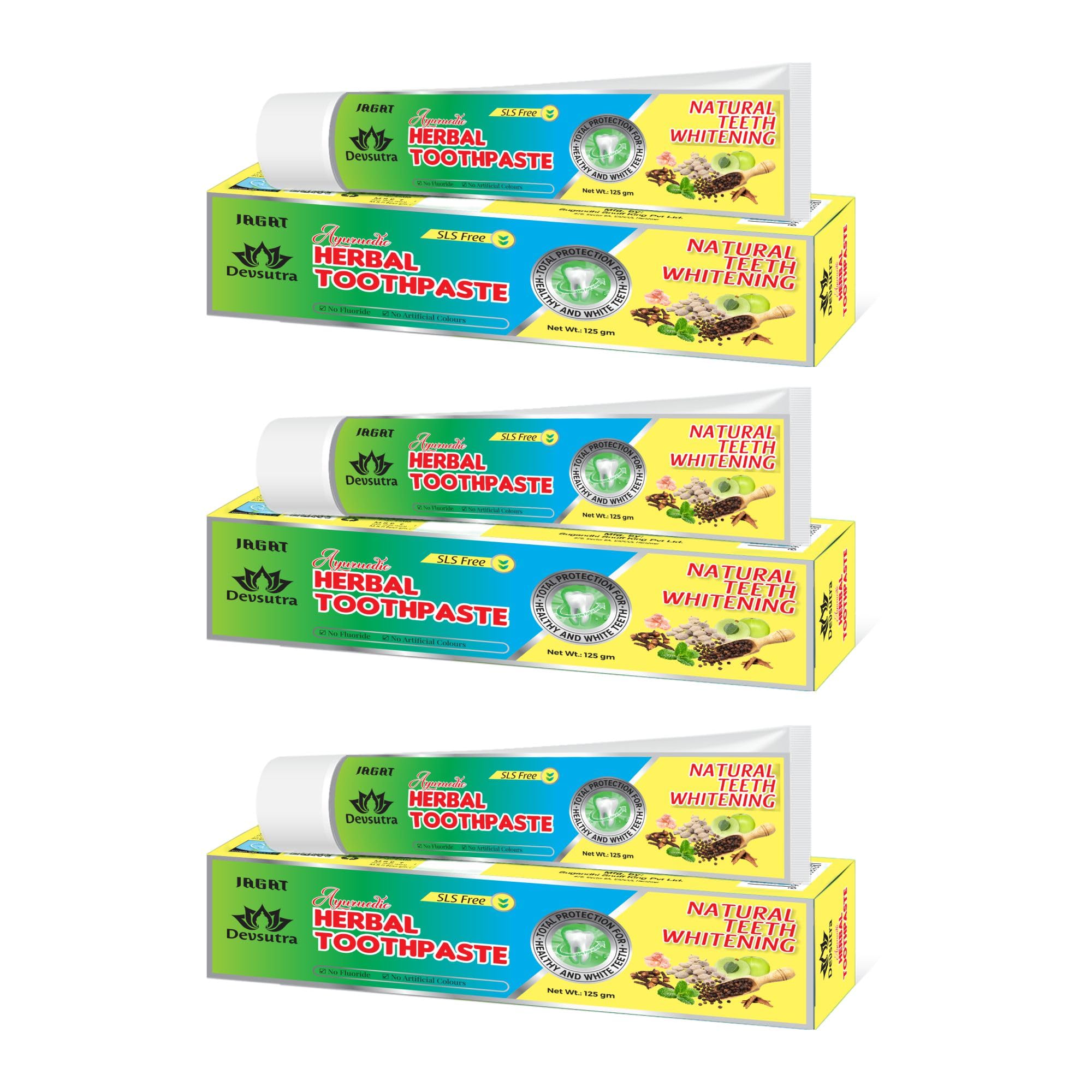 Jagat Devsutra Dr. Recommended Ayurvedic Herbal Fresh Mint Flavour Toothpaste Combo Pack Offer - 100% Natural Teeth Whitening Formula with No Fluoride & No Artificial Colours - Pack of 3 (125g X 3)