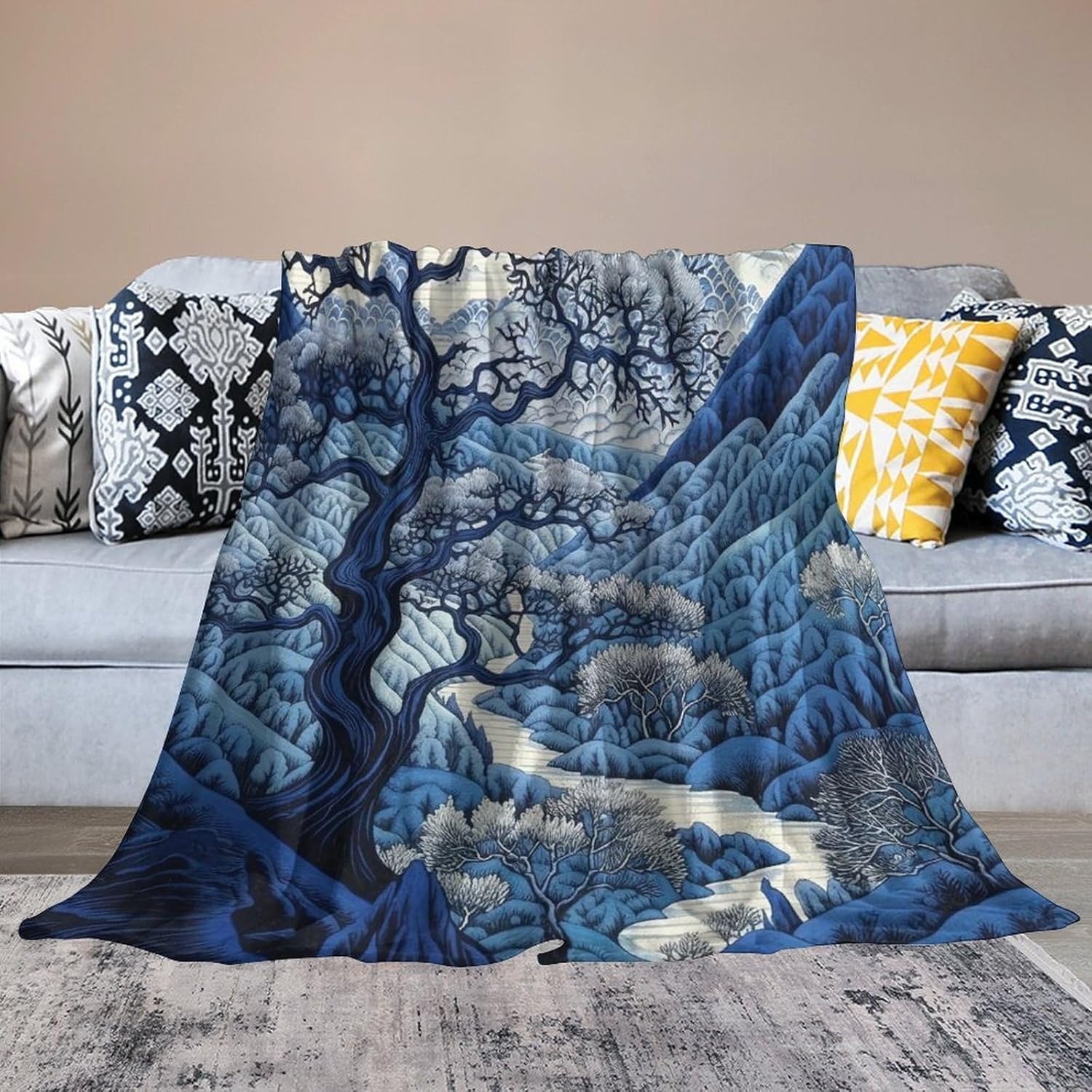 ArogGeld Indigo Blue and White Indigo Scenic Soft Luxury Flannel Blanket Asian Dynasty Royal Blue Chinoiserie Warm Throw Blanket for Camping and Travel for Winter 70x80in