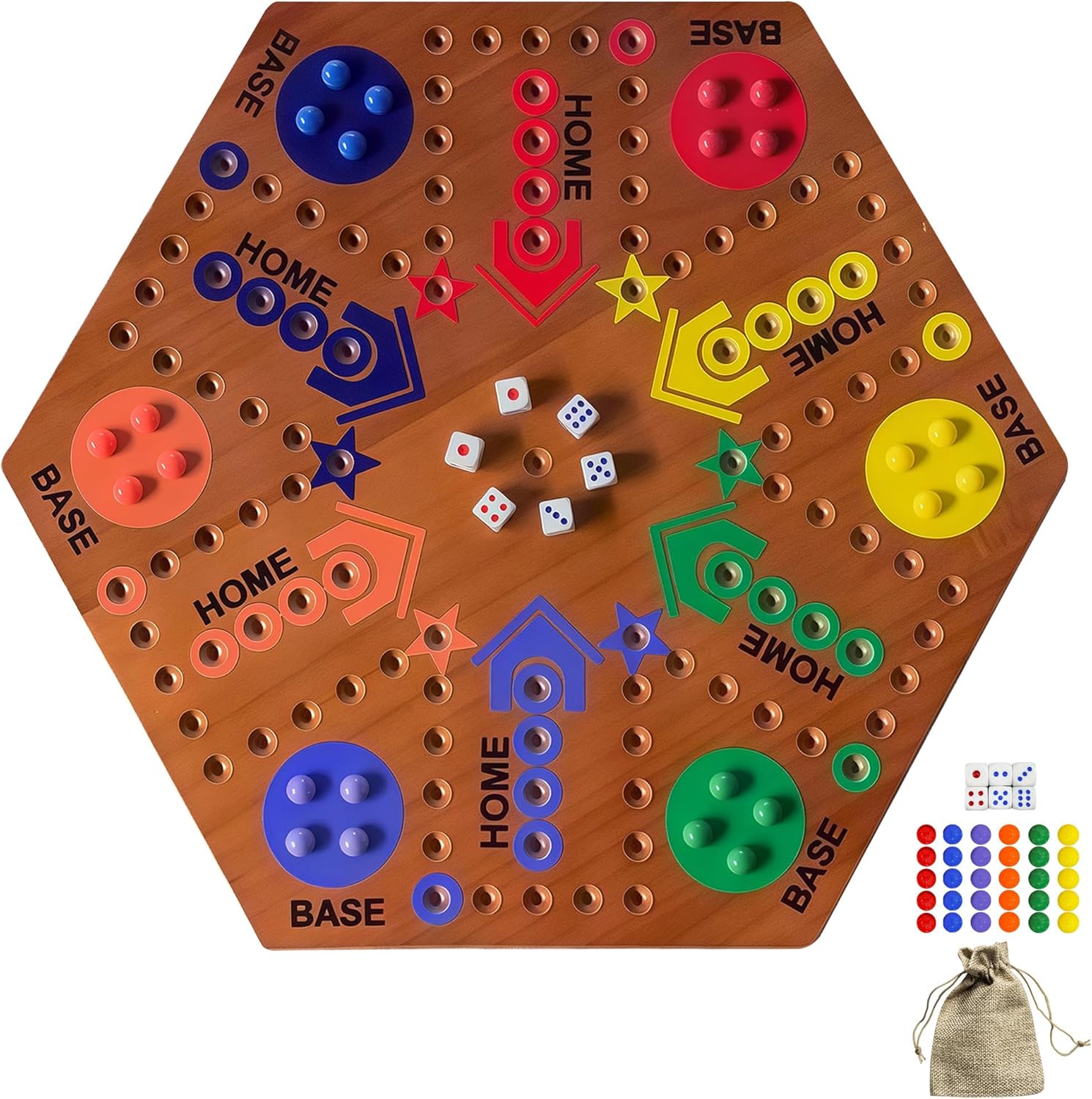 Wooden Board Game, Board Game Original Marble Game Double Sided Painted 2 to 6 Player Fast Track Wooden with 6 Colors 24 Marbles 6 Dice for Adults Kids Family(24 INCH)