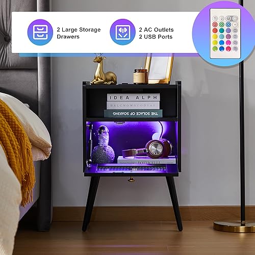 Miniatura 2 de Mesita de noche LED, mesa de noche LED, mesita de noche moderna de mediados de siglo con estación de carga, mesitas de noche con puerta decorativa