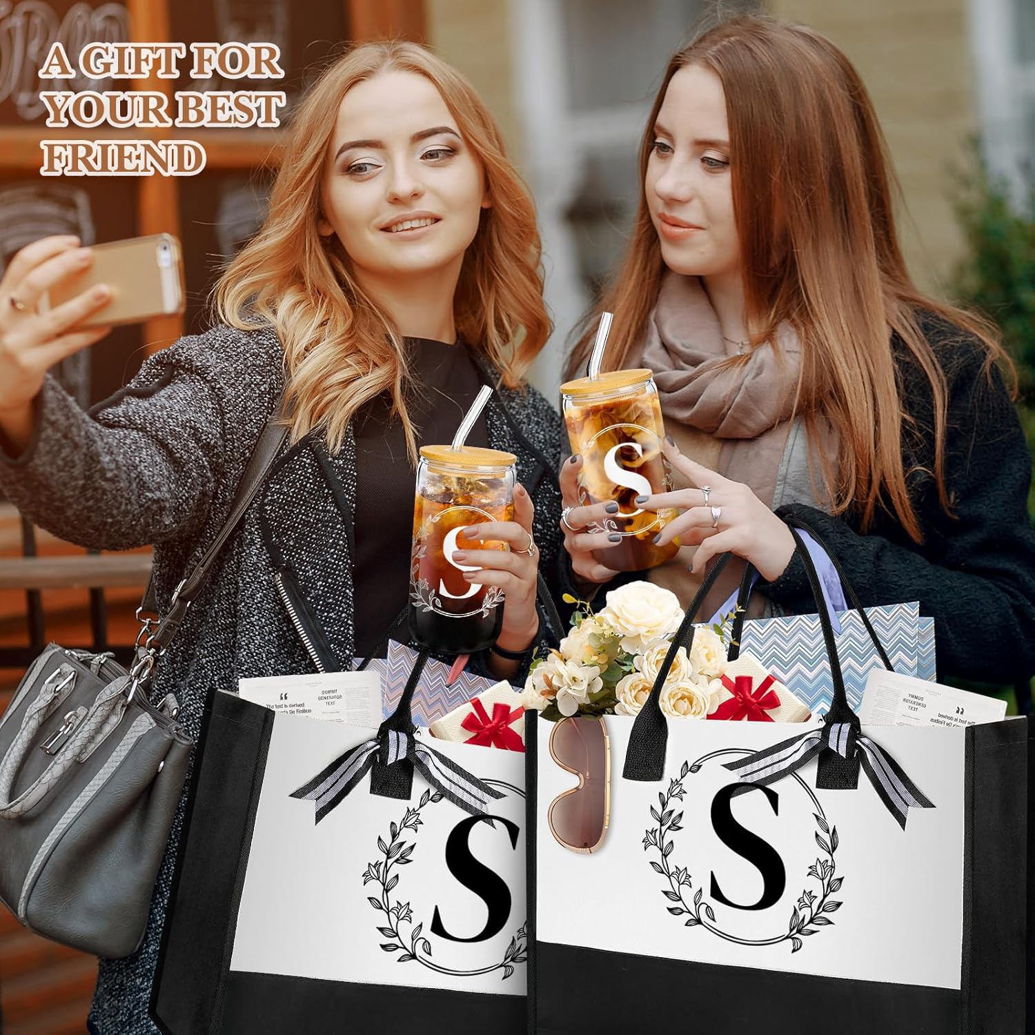 Aliceset Initial Gifts for Women Monogrammed Canvas Tote Bag with Zipper Pockets Reusable Grocery Bags and Glass Straws Cup(Letter S) - Image 7