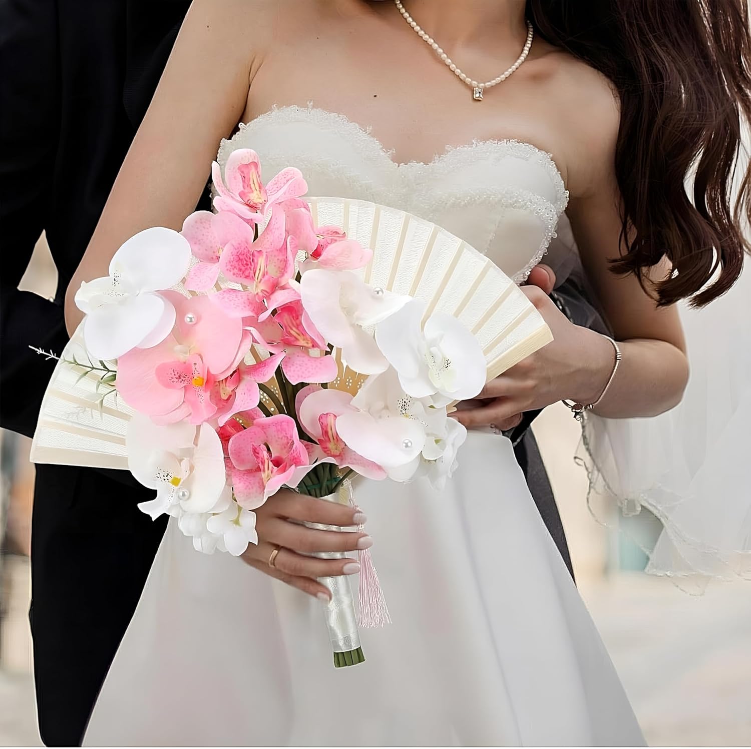 Wedding Bouquets for Bride Bridesmaid 12 Inch Pink White Flower Bridal Bouquets Artificial Phalaenopsis Orchid Fan Ramos De Novia para Boda for Wedding Ceremony Church Decor