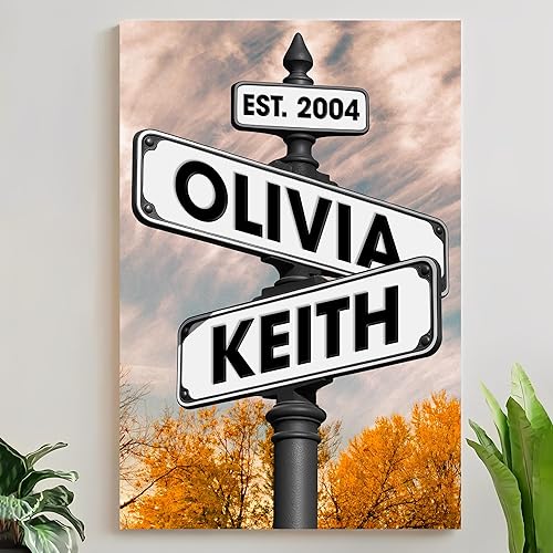 Miniatura 9 de Lienzo de letrero de calle Crossroad con nombre personalizado para parejas, arte de pared vintage personalizado con fecha, Regalo de San Valentín