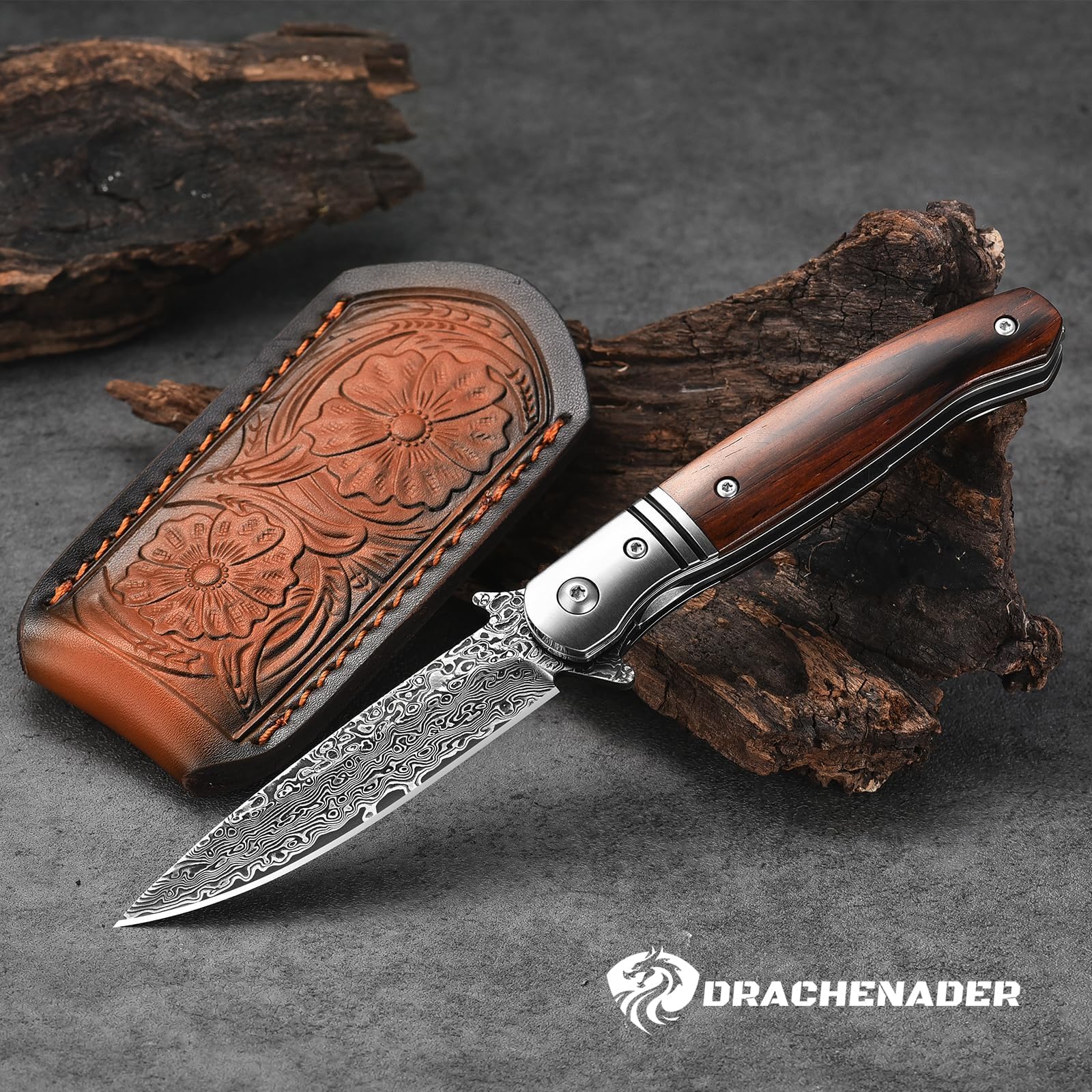 DRACHENADER Couteau de poche, couteau de poche damas navaja outdoor manche en bois avec clip et fourreau, (33+1+33) 67 couches lame en acier damas avec noyau VG10, cadeau pour la collection