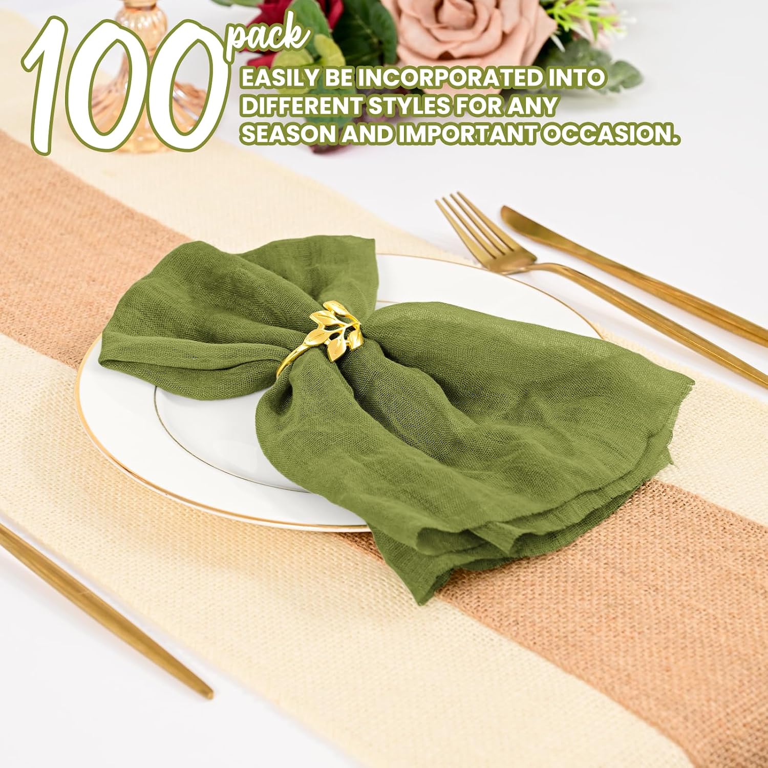 100 Packs Gauze Cheesecloth Napkins,20 x 20 Inch Olive Green Rustic Boho Cloth Napkins,Washable Cloth Dinner Napkins,Decorative Table Napkin for Wedding,Dinner,Parties