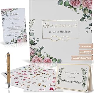 Premium Gästebuch Hochzeit mit Fragen zum Ausfüllen, Tischkarten, Stickern, Stift, Aufsteller, edle Gold Prägung, 50+ Gäste, 21x21cm, Erinnerungen für die Ewigkeit (Rosa + Eukalyptus Set)