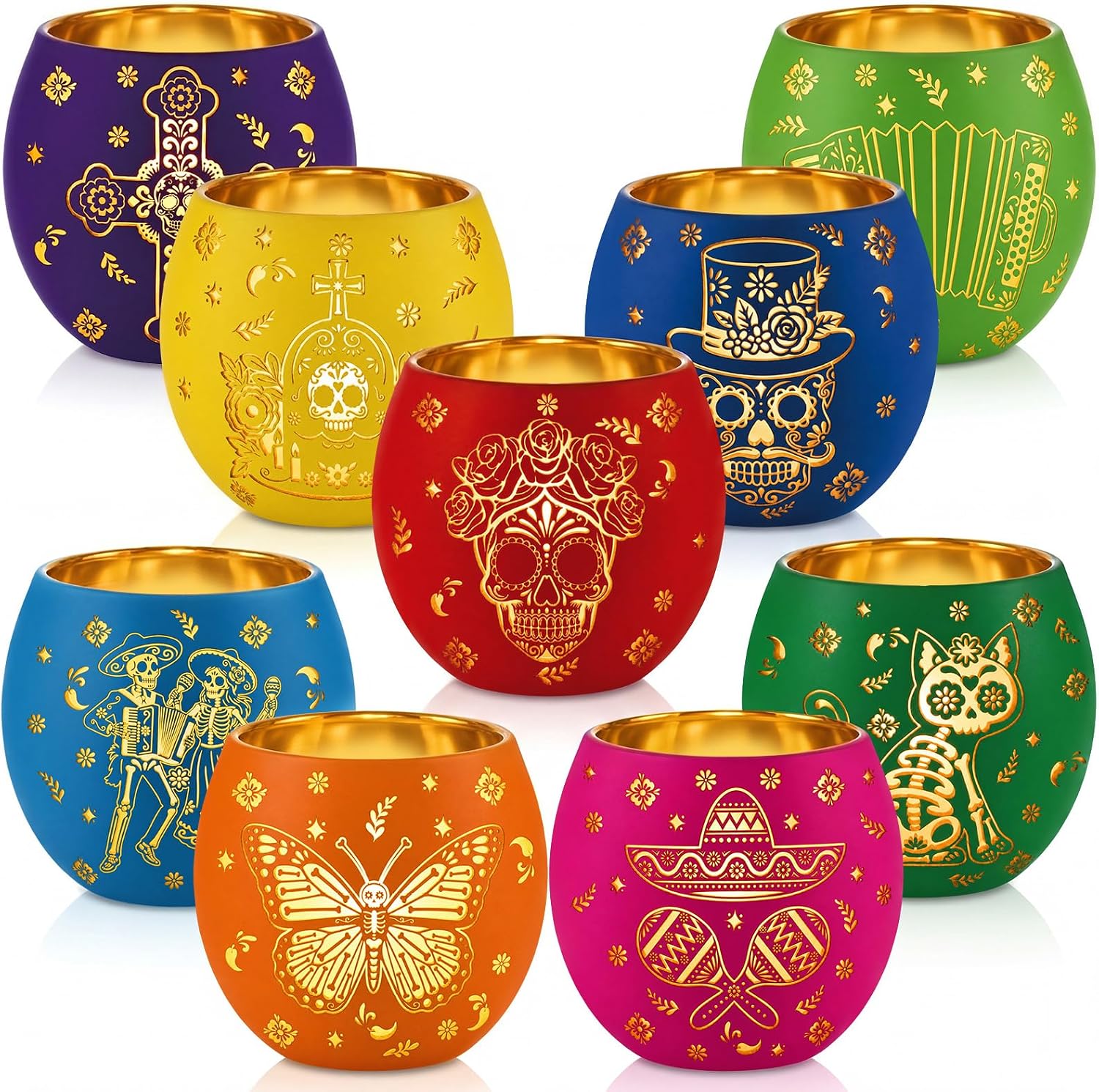 Meanplan 9 Pcs Day of The Dead Decorations Votive Candle Holders with LED