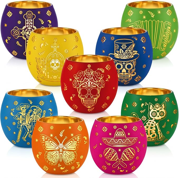 Meanplan 9 Pcs Day of The Dead Decorations Votive Candle Holders with LED